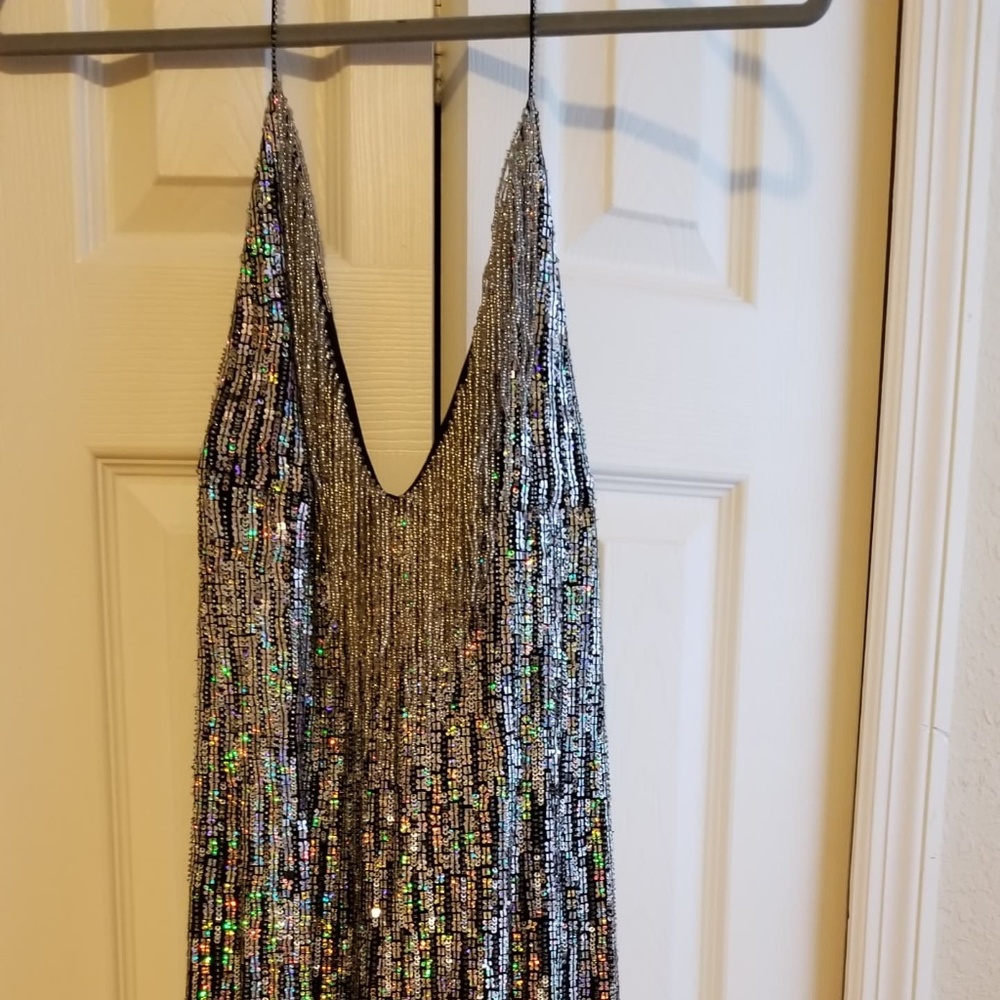 Black dress with silver beadings and scarf